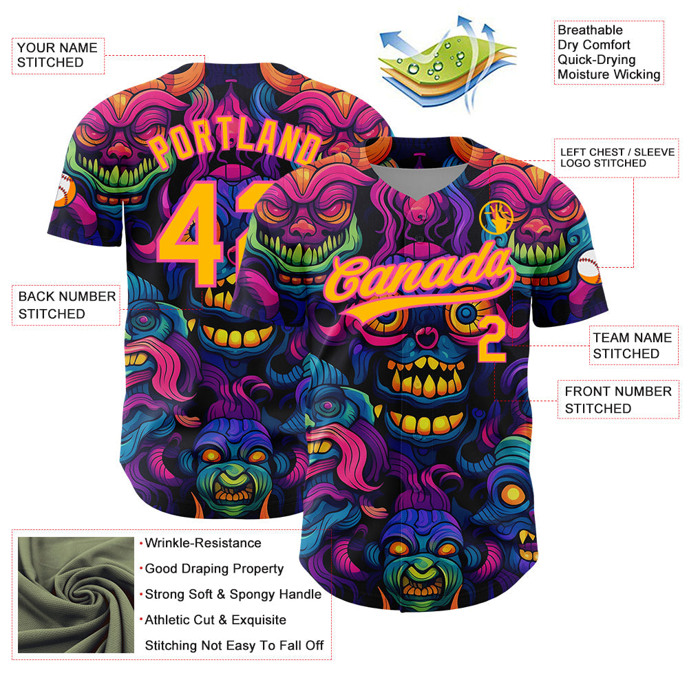 Custom Black Gold-Pink 3D Pattern Design Abstract Monsters Authentic Baseball Jersey - Sky-Custom
