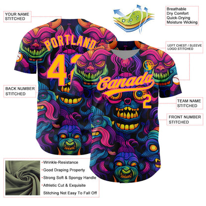 Custom Black Gold-Pink 3D Pattern Design Abstract Monsters Authentic Baseball Jersey - Sky-Custom