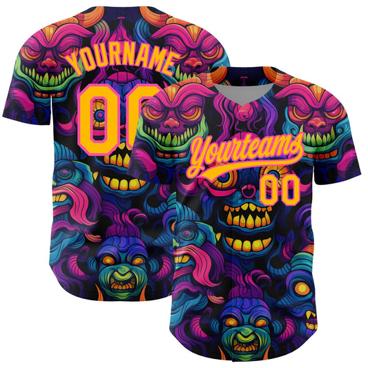 Custom Black Gold-Pink 3D Pattern Design Abstract Monsters Authentic Baseball Jersey - Sky-Custom