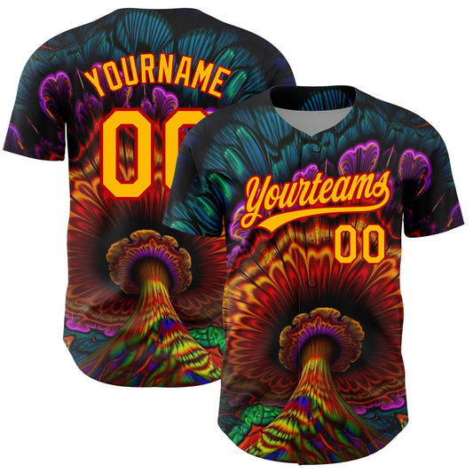 Custom Black Gold-Red 3D Pattern Design Peacock With Feather Authentic Baseball Jersey - Sky-Custom