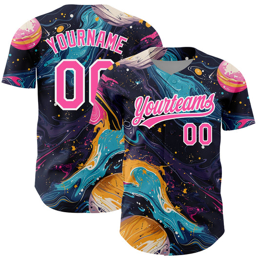 Custom Black Pink-White 3D Pattern Design Abstract Liquid Painting Authentic Baseball Jersey - Sky-Custom