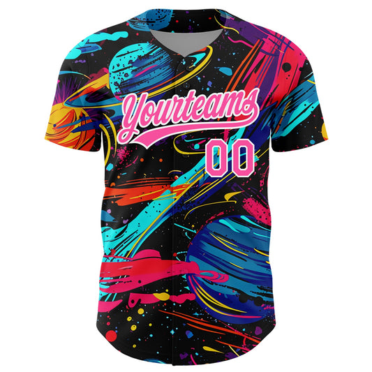 Custom Black Pink-White 3D Pattern Design Space With Planets And Rockets Authentic Baseball Jersey - Sky-Custom