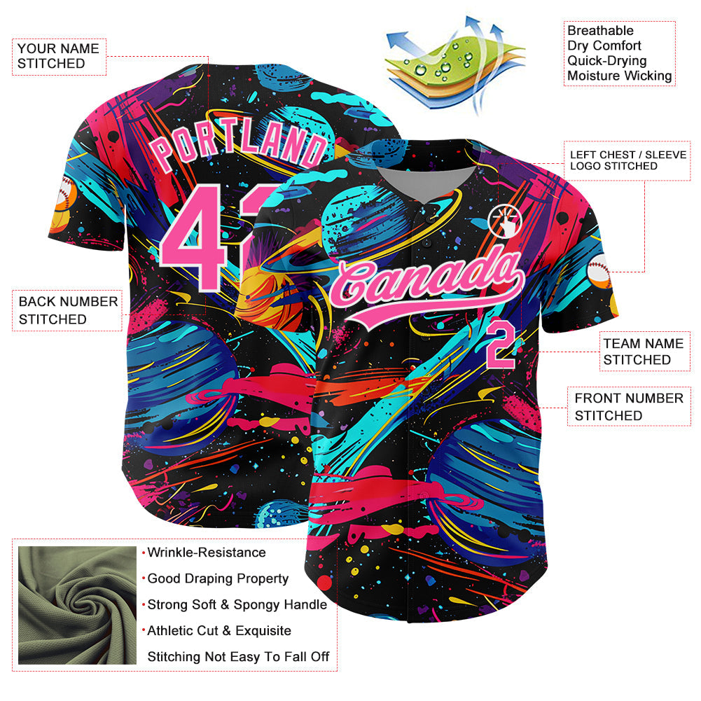 Custom Black Pink-White 3D Pattern Design Space With Planets And Rockets Authentic Baseball Jersey - Sky-Custom