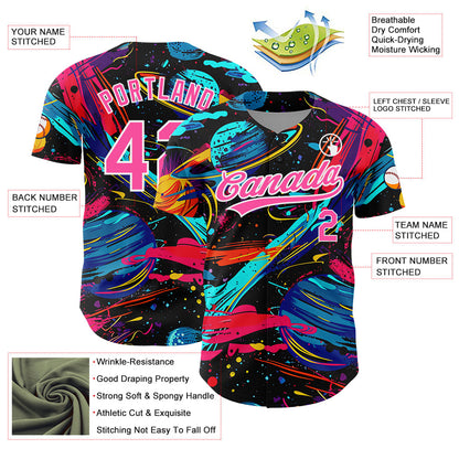 Custom Black Pink-White 3D Pattern Design Space With Planets And Rockets Authentic Baseball Jersey - Sky-Custom