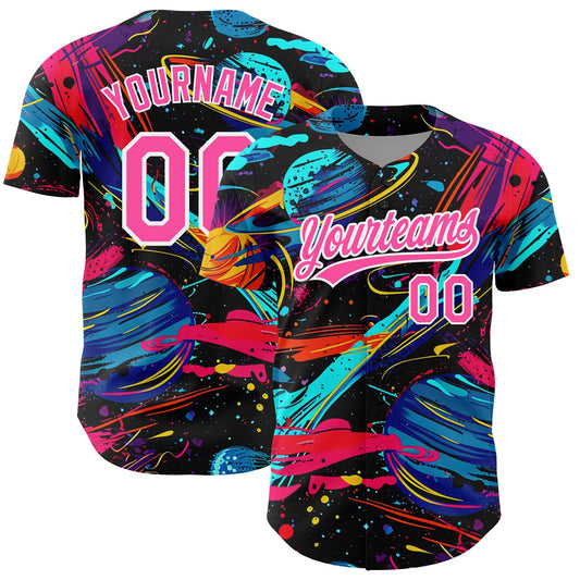 Custom Black Pink-White 3D Pattern Design Space With Planets And Rockets Authentic Baseball Jersey - Sky-Custom