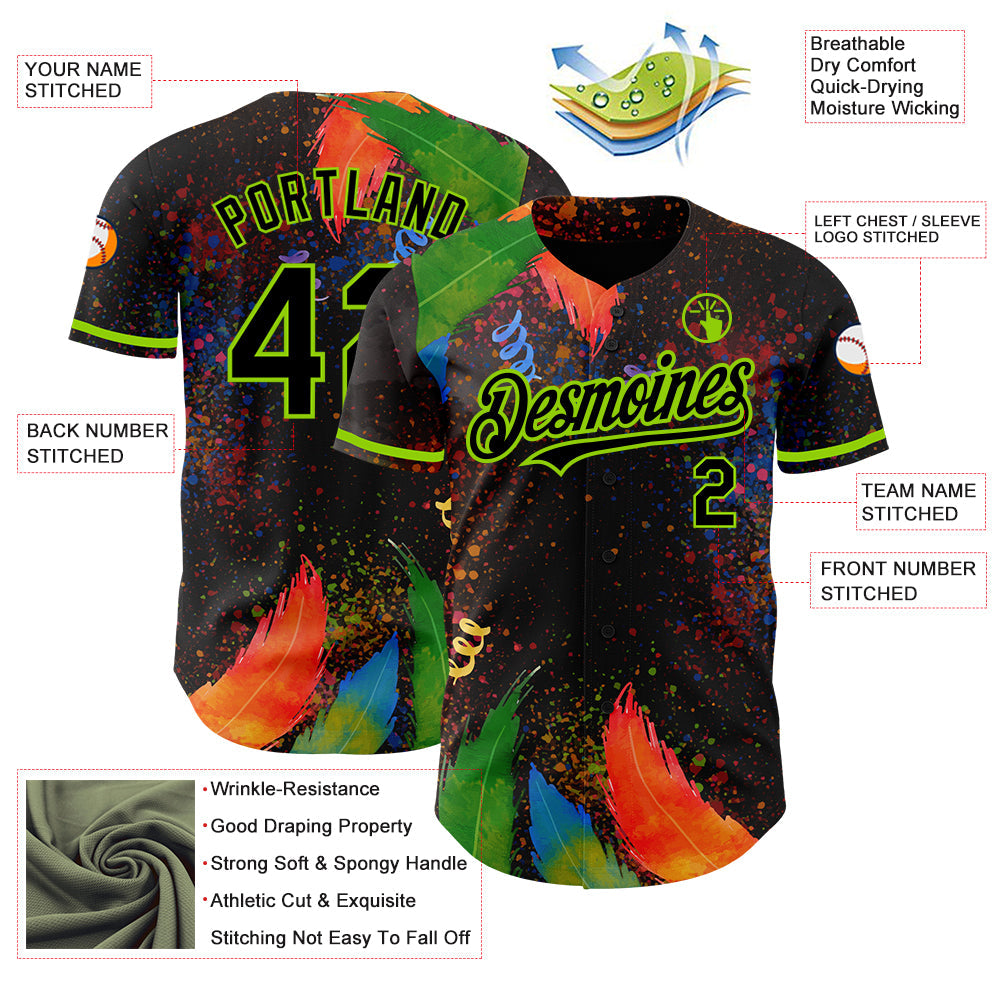 Custom Black Neon Green 3D Pattern Design Holi Festival Color Powder Authentic Baseball Jersey - Sky-Custom