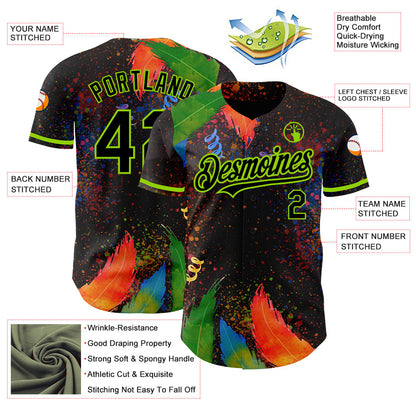 Custom Black Neon Green 3D Pattern Design Holi Festival Color Powder Authentic Baseball Jersey - Sky-Custom