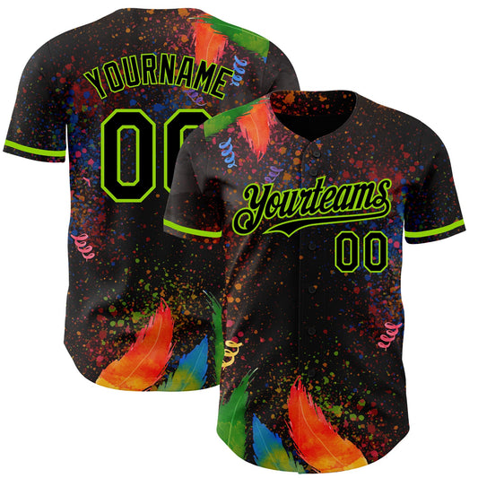 Custom Black Neon Green 3D Pattern Design Holi Festival Color Powder Authentic Baseball Jersey - Sky-Custom