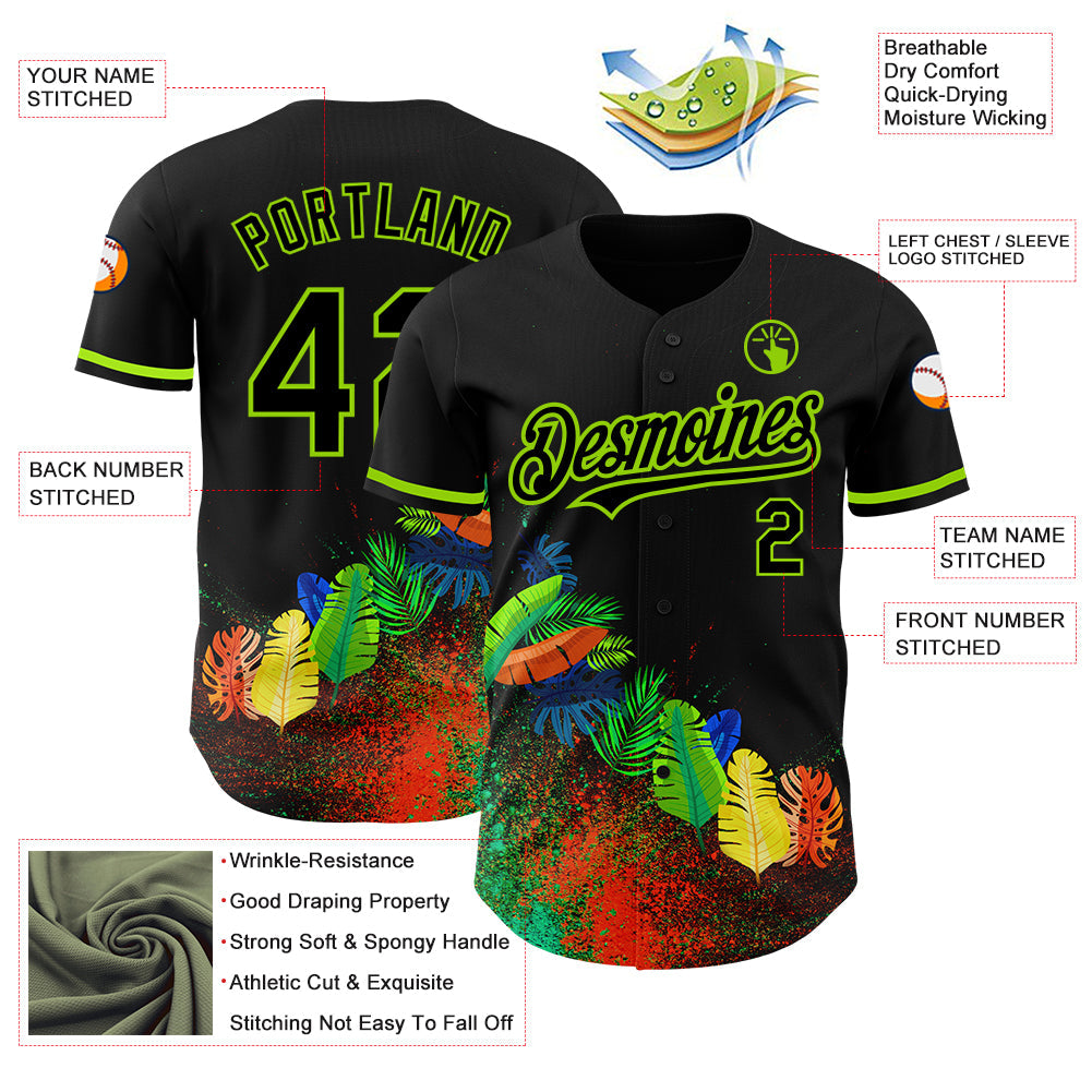 Custom Black Neon Green 3D Pattern Design Holi Festival Color Powder Authentic Baseball Jersey - Sky-Custom
