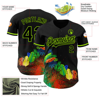 Custom Black Neon Green 3D Pattern Design Holi Festival Color Powder Authentic Baseball Jersey - Sky-Custom