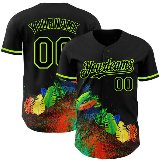 Custom Black Neon Green 3D Pattern Design Holi Festival Color Powder Authentic Baseball Jersey - Sky-Custom
