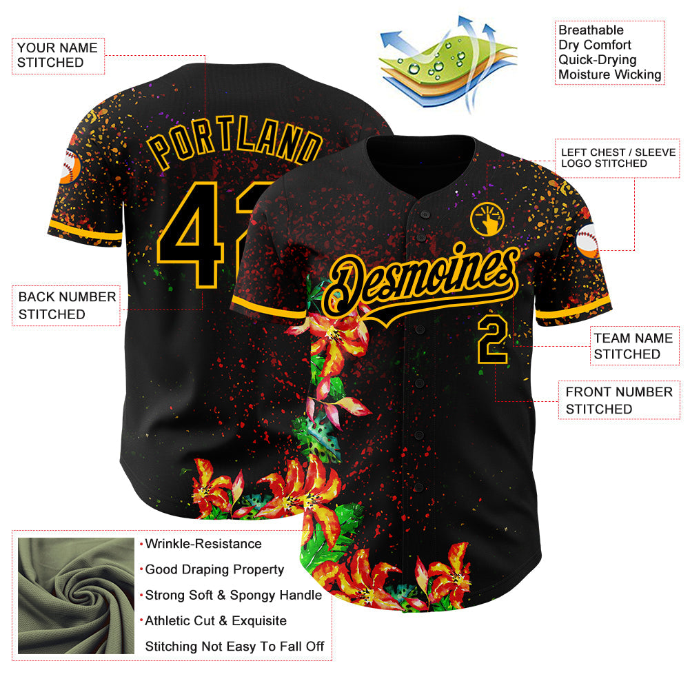 Custom Black Gold 3D Pattern Design Holi Festival Color Powder Authentic Baseball Jersey - Sky-Custom