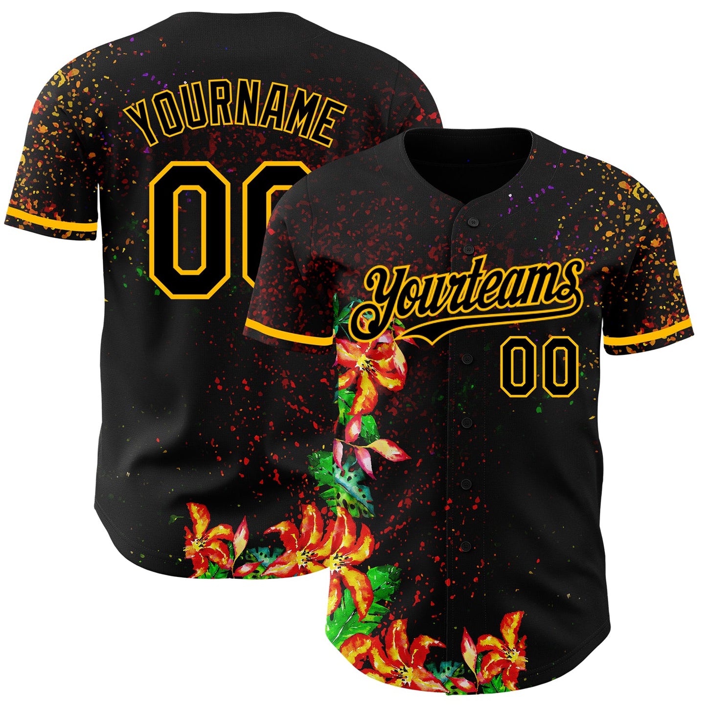 Custom Black Gold 3D Pattern Design Holi Festival Color Powder Authentic Baseball Jersey - Sky-Custom
