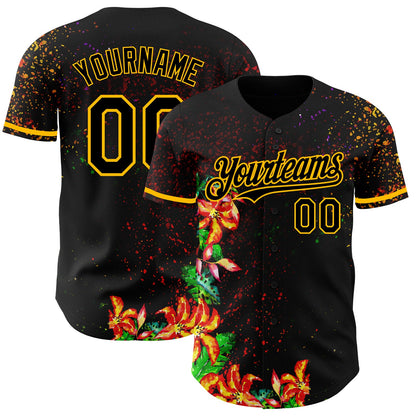 Custom Black Gold 3D Pattern Design Holi Festival Color Powder Authentic Baseball Jersey - Sky-Custom