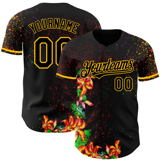 Custom Black Gold 3D Pattern Design Holi Festival Color Powder Authentic Baseball Jersey - Sky-Custom