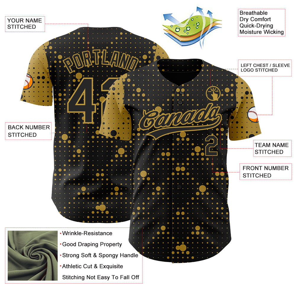 Custom Black Old Gold 3D Pattern Design Geometric Halftone Dots Authentic Baseball Jersey - Sky-Custom