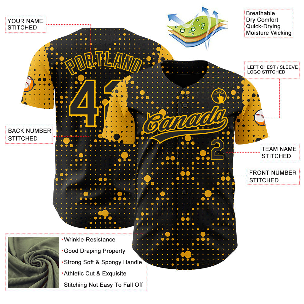 Custom Black Gold 3D Pattern Design Geometric Halftone Dots Authentic Baseball Jersey - Sky-Custom