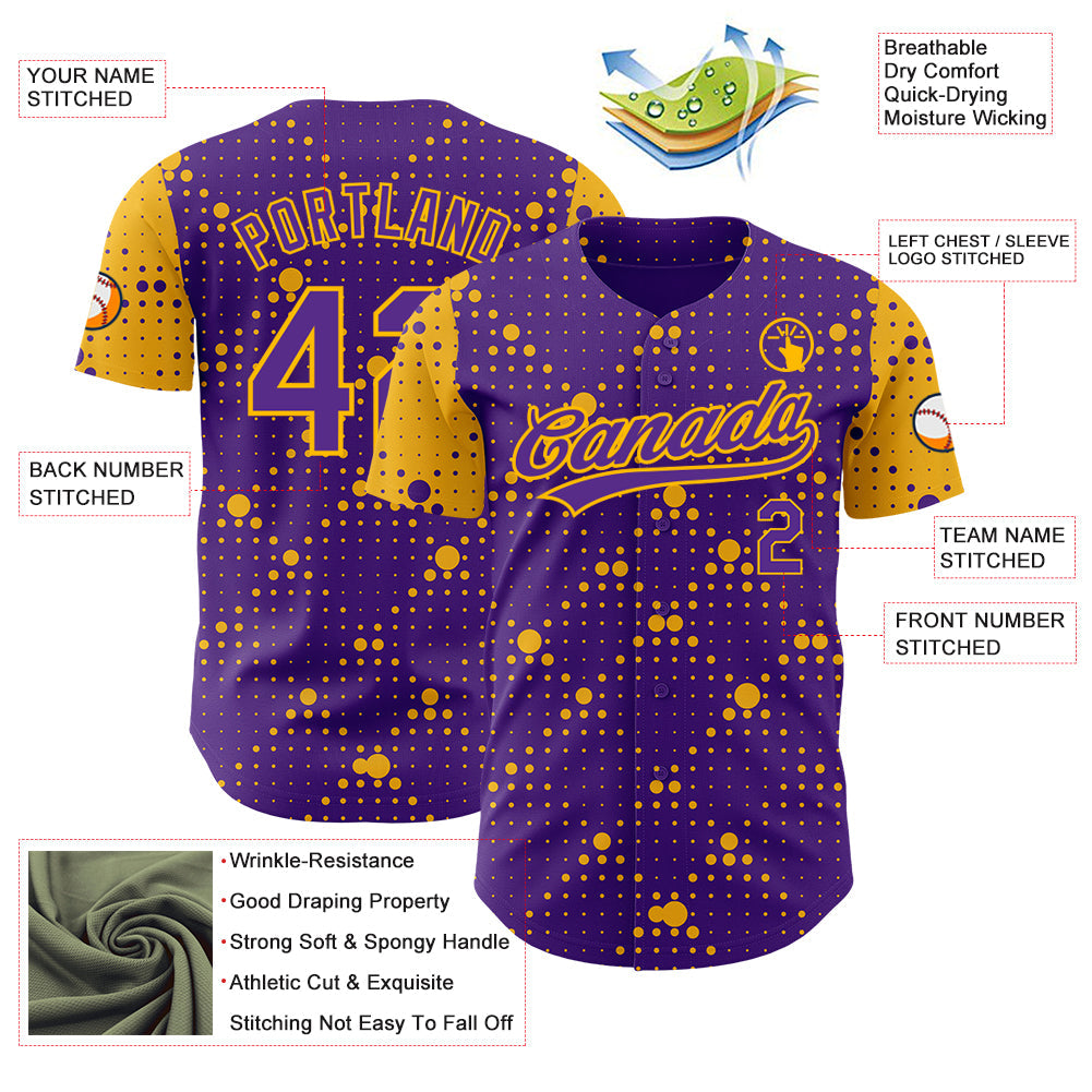 Custom Purple Gold 3D Pattern Design Geometric Halftone Dots Authentic Baseball Jersey - Sky-Custom