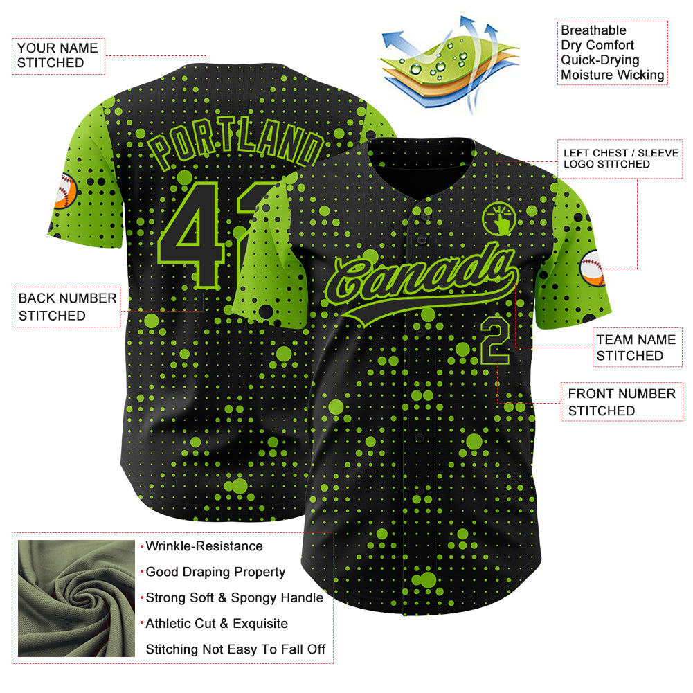 Custom Black Neon Green 3D Pattern Design Geometric Halftone Dots Authentic Baseball Jersey - Sky-Custom