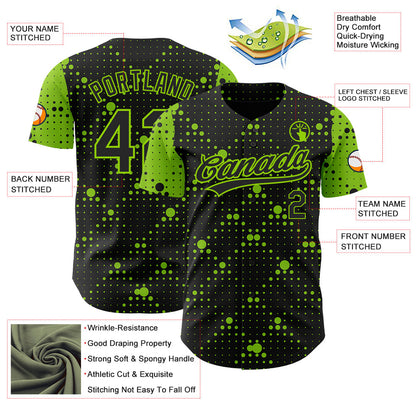 Custom Black Neon Green 3D Pattern Design Geometric Halftone Dots Authentic Baseball Jersey - Sky-Custom