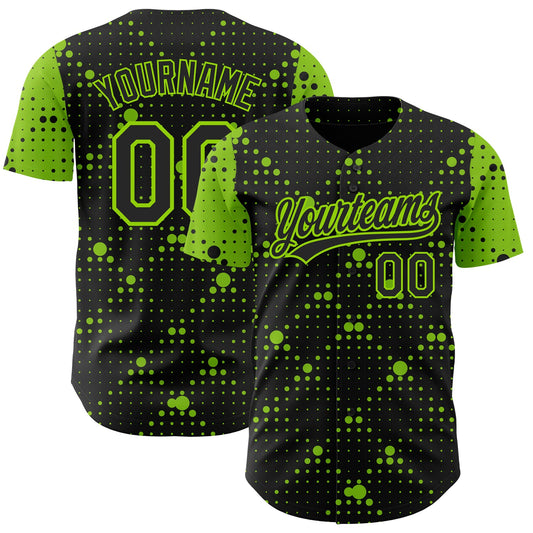 Custom Black Neon Green 3D Pattern Design Geometric Halftone Dots Authentic Baseball Jersey - Sky-Custom