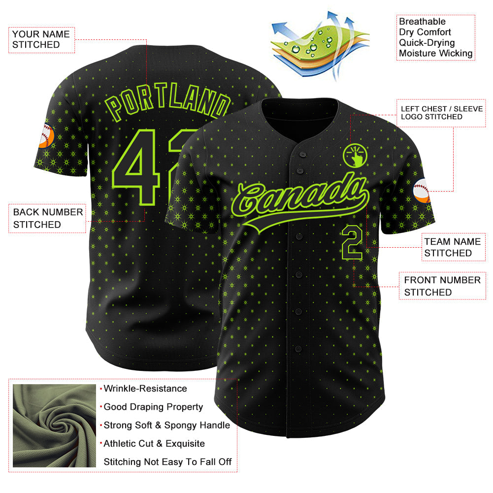 Custom Black Neon Green 3D Pattern Design Geometric Stars Authentic Baseball Jersey - Sky-Custom