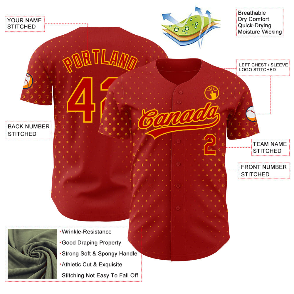Custom Red Gold 3D Pattern Design Geometric Stars Authentic Baseball Jersey - Sky-Custom