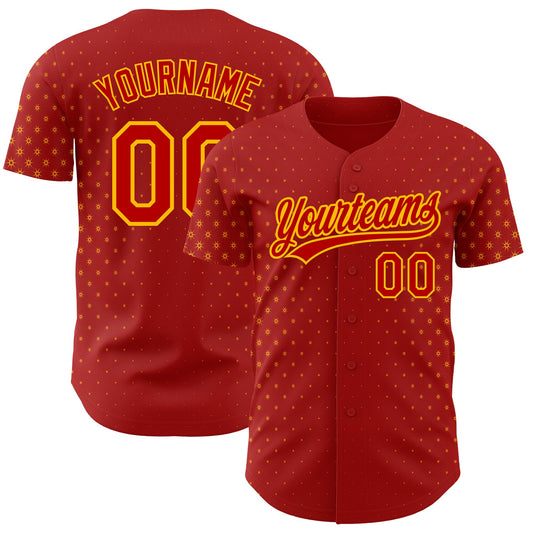 Custom Red Gold 3D Pattern Design Geometric Stars Authentic Baseball Jersey - Sky-Custom