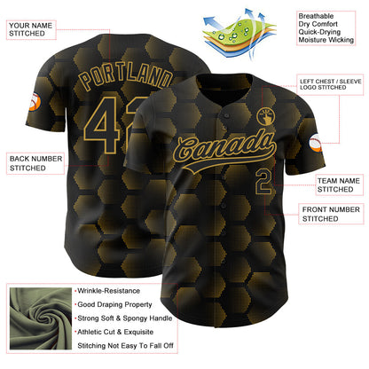 Custom Black Old Gold 3D Pattern Design Halftone Geometric Shapes Authentic Baseball Jersey - Sky-Custom
