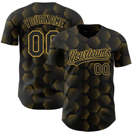 Custom Black Old Gold 3D Pattern Design Halftone Geometric Shapes Authentic Baseball Jersey - Sky-Custom