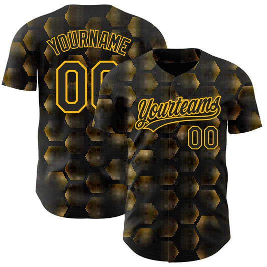 Custom Black Gold 3D Pattern Design Halftone Geometric Shapes Authentic Baseball Jersey - Sky-Custom