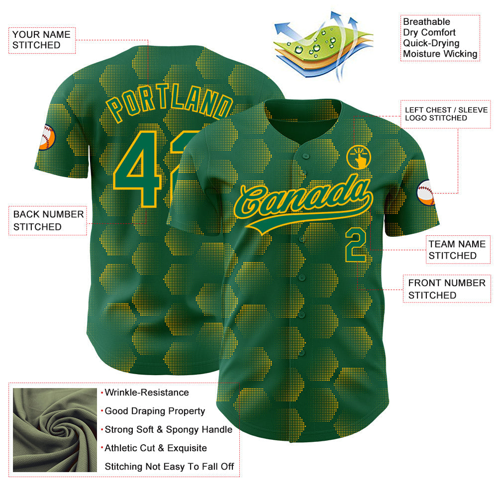 Custom Kelly Green Gold 3D Pattern Design Halftone Geometric Shapes Authentic Baseball Jersey - Sky-Custom