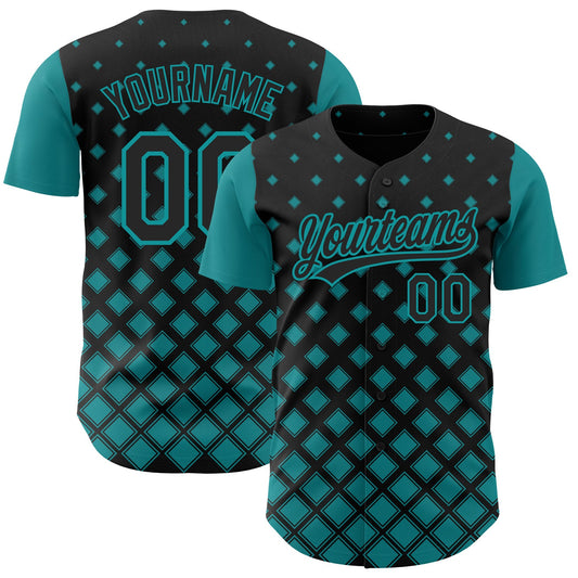 Custom Black Teal 3D Pattern Design Geometric Shapes Authentic Baseball Jersey - Sky-Custom