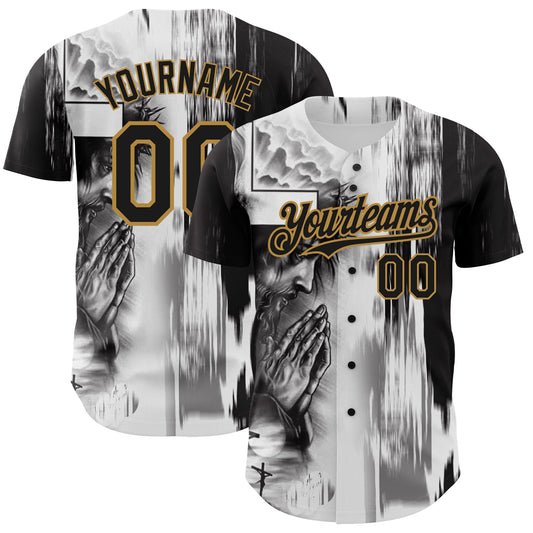 Custom White Black-Old Gold 3D Pattern Design Religion Jesus Christ Authentic Baseball Jersey - Sky-Custom