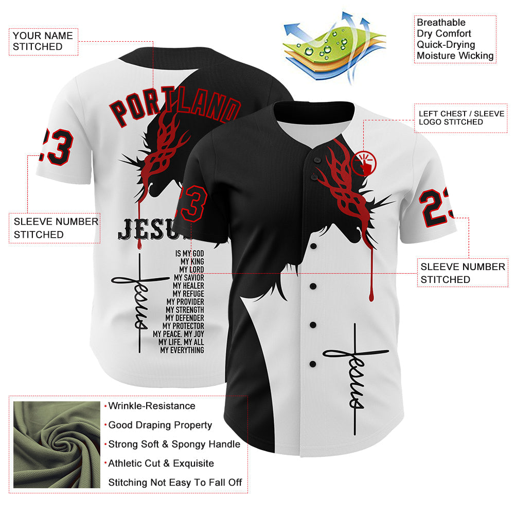 Custom White Black-Red 3D Pattern Design Religion Jesus Christ Authentic Baseball Jersey - Sky-Custom