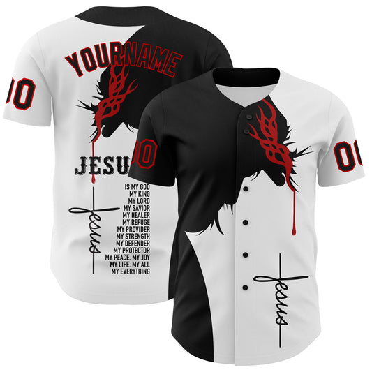 Custom White Black-Red 3D Pattern Design Religion Jesus Christ Authentic Baseball Jersey - Sky-Custom
