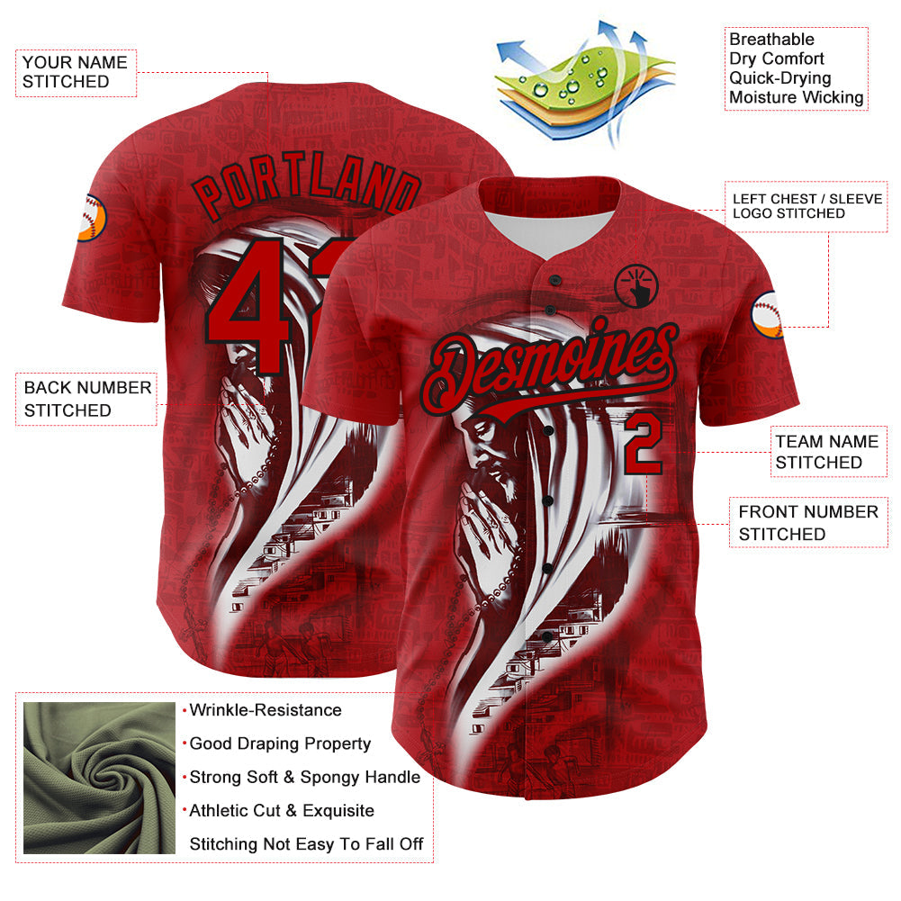 Custom Red Black 3D Pattern Design Religion Jesus Christc Authentic Baseball Jersey - Sky-Custom