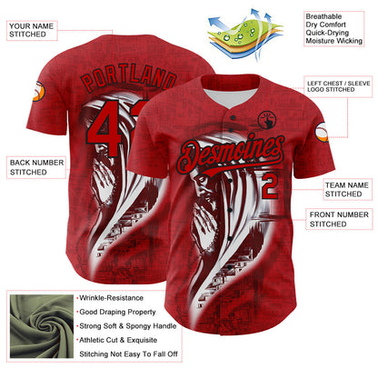 Custom Red Black 3D Pattern Design Religion Jesus Christc Authentic Baseball Jersey - Sky-Custom