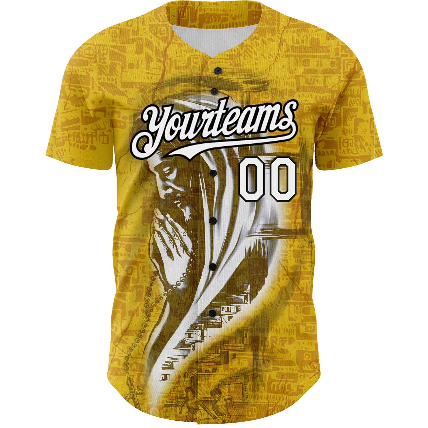 Custom Yellow White-Black 3D Pattern Design Religion Jesus Christ Authentic Baseball Jersey - Sky-Custom