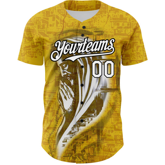 Custom Yellow White-Black 3D Pattern Design Religion Jesus Christ Authentic Baseball Jersey - Sky-Custom