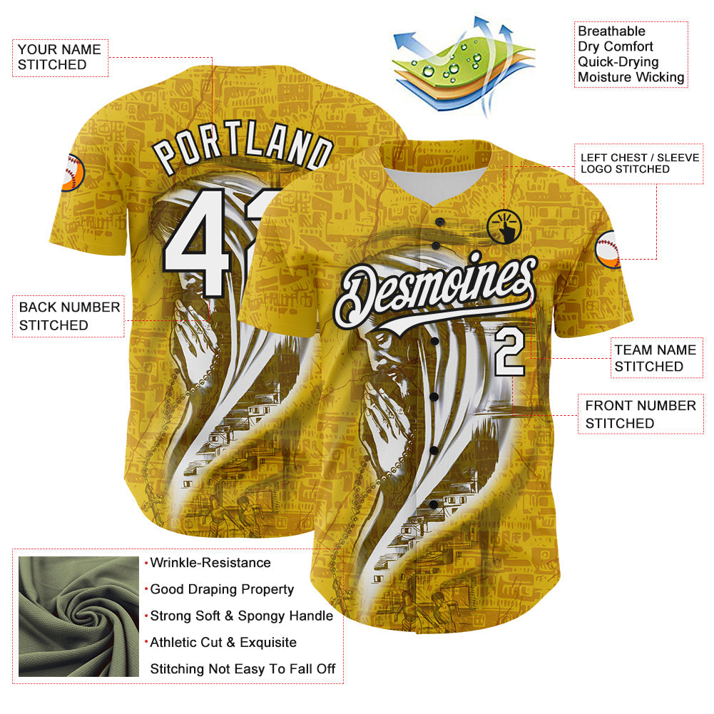 Custom Yellow White-Black 3D Pattern Design Religion Jesus Christ Authentic Baseball Jersey - Sky-Custom