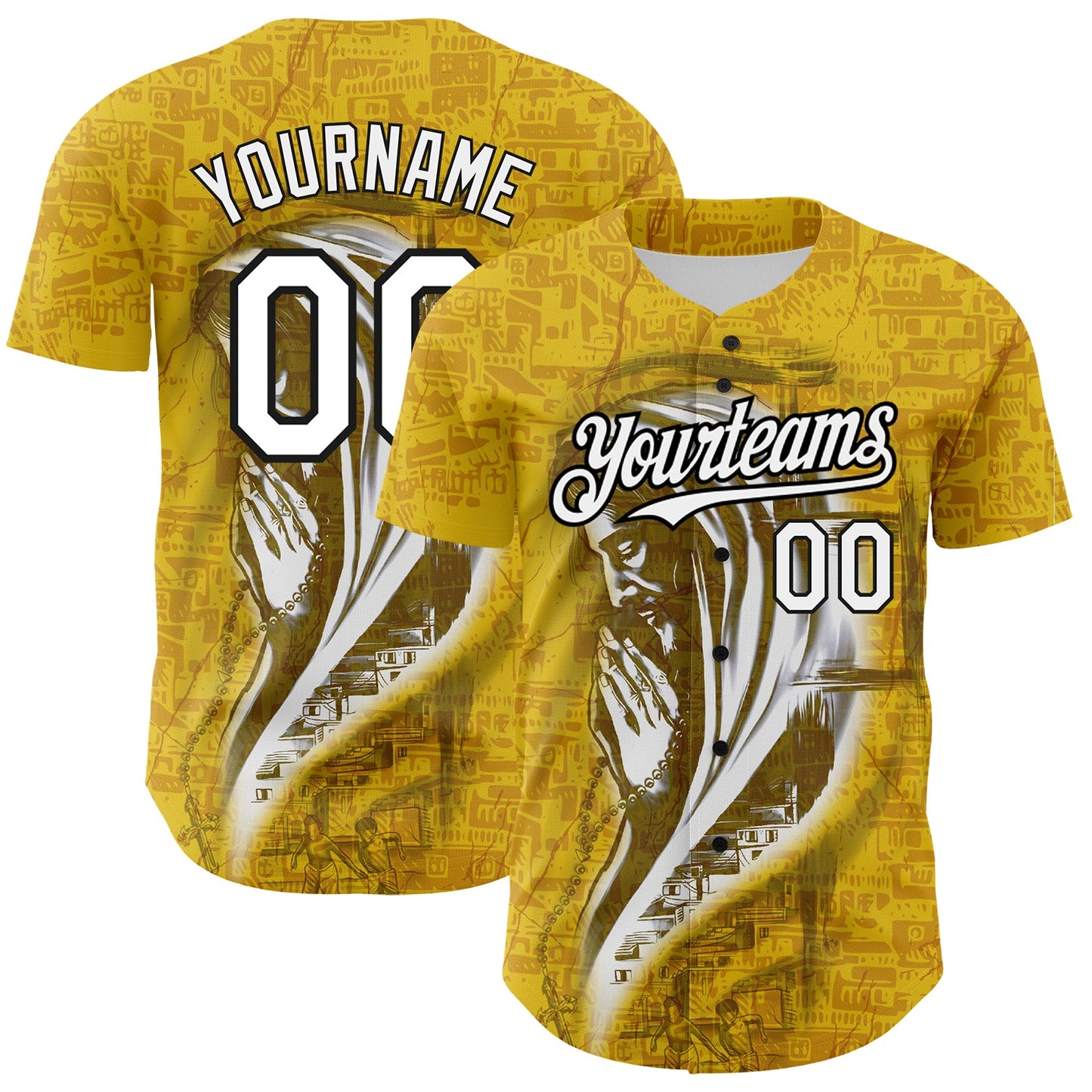 Custom Yellow White-Black 3D Pattern Design Religion Jesus Christ Authentic Baseball Jersey - Sky-Custom