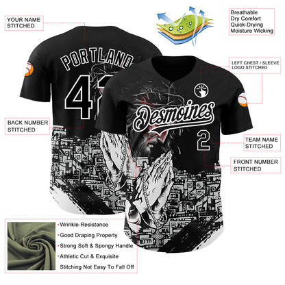 Custom Black White 3D Pattern Design Religion Jesus Christ Authentic Baseball Jersey - Sky-Custom