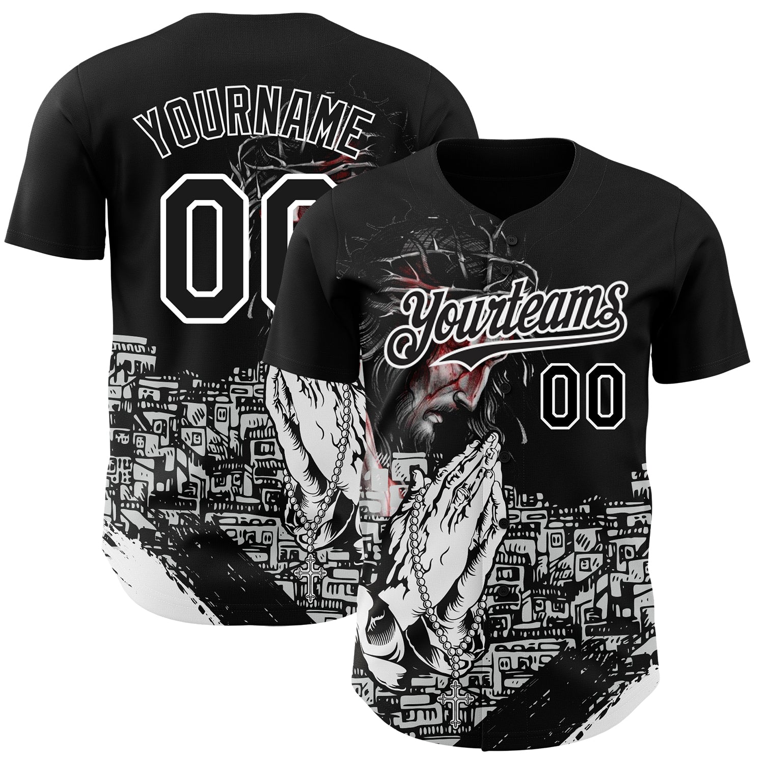 Custom Black White 3D Pattern Design Religion Jesus Christ Authentic Baseball Jersey - Sky-Custom