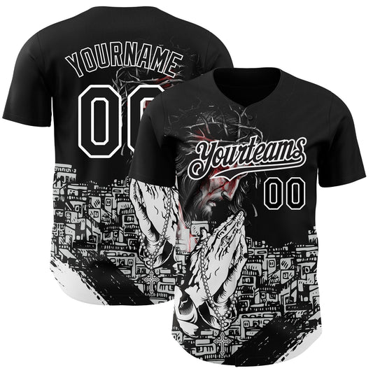 Custom Black White 3D Pattern Design Religion Jesus Christ Authentic Baseball Jersey - Sky-Custom