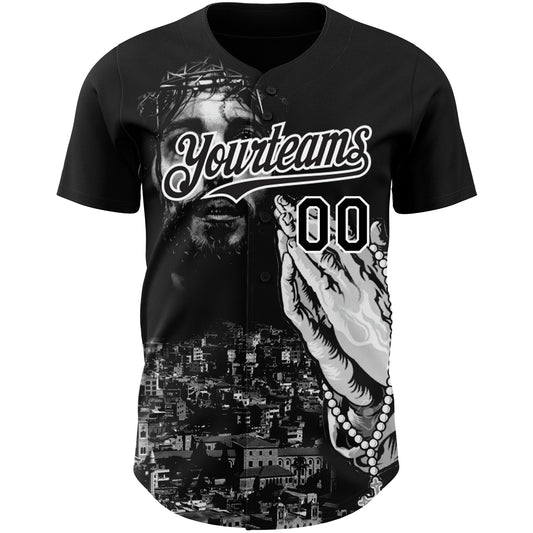 Custom Black White 3D Pattern Design Religion Jesus Christ Authentic Baseball Jersey - Sky-Custom
