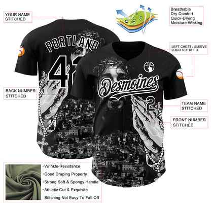Custom Black White 3D Pattern Design Religion Jesus Christ Authentic Baseball Jersey - Sky-Custom
