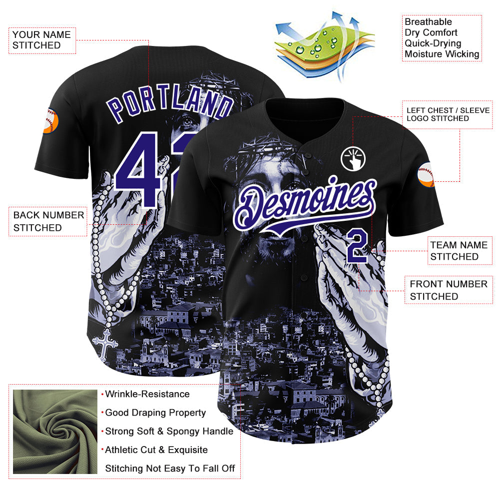 Custom Black Purple-White 3D Pattern Design Religion Jesus Christ Authentic Baseball Jersey - Sky-Custom