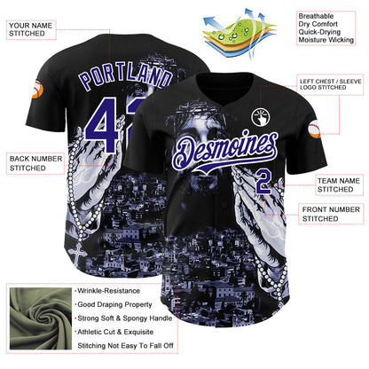 Custom Black Purple-White 3D Pattern Design Religion Jesus Christ Authentic Baseball Jersey - Sky-Custom