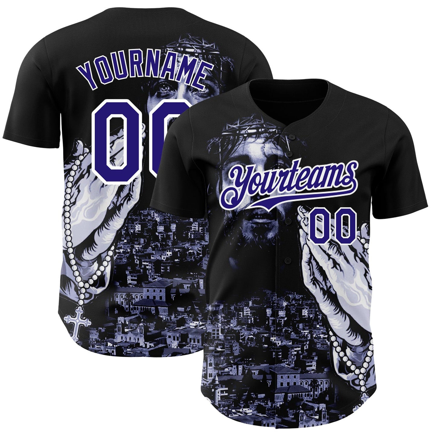 Custom Black Purple-White 3D Pattern Design Religion Jesus Christ Authentic Baseball Jersey - Sky-Custom
